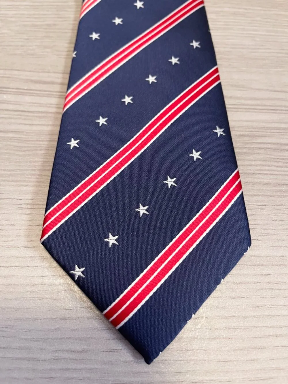Mondieu Men's 100% Silk Tie Navy Red White Stars Stripes Patriotic Necktie